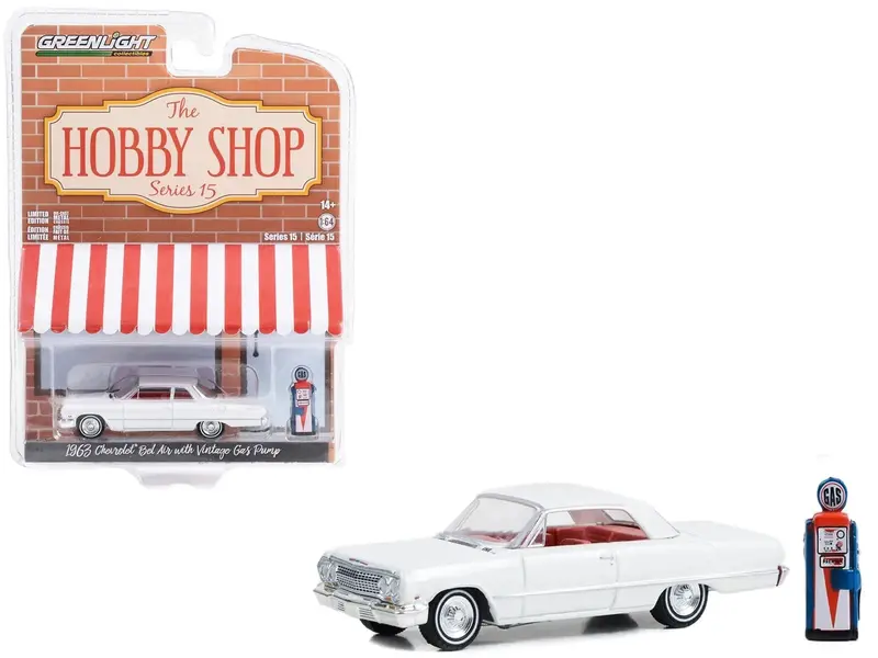 1:64 1963 Chevrolet Bel Air W/Vintage Gas Pump -- White --  Greenlight 1