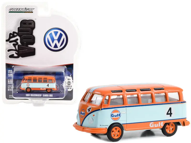 1:64 1964 Volkswagen Kombi Samba Bus -- #4 Gulf Blue/Orange -- Greenlight 1