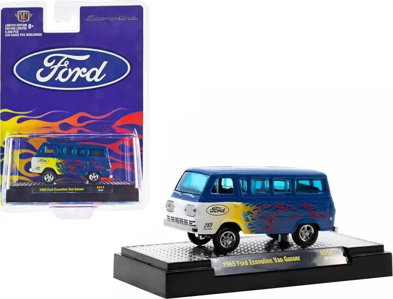 1:64 1965 Ford Econoline Van Gasser -- Blue W/Flames -- M2 Machines 1