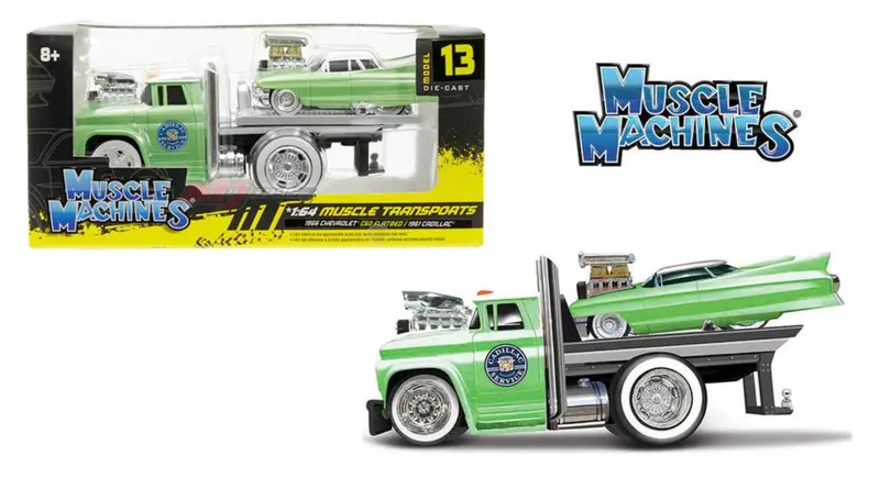 1:64 1966 Chevrolet C60 Flatbed & 1961 Cadillac -- Muscle Machines Transports 1