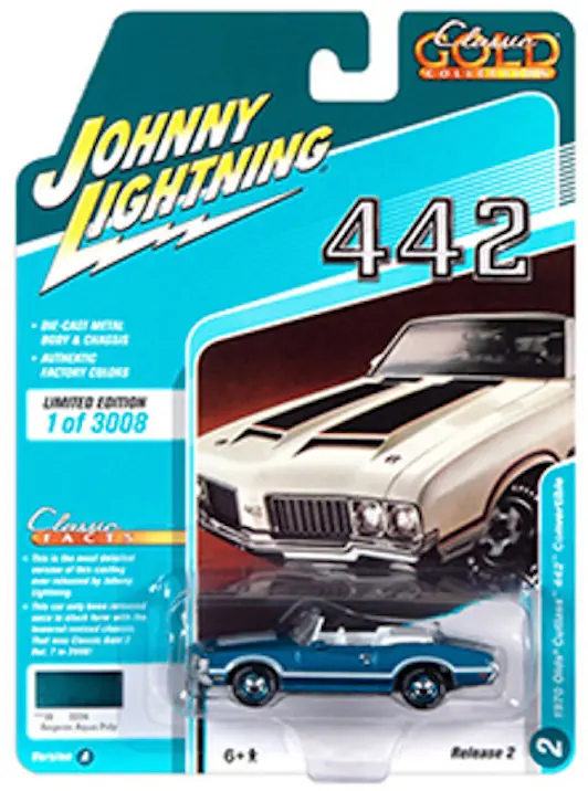 1:64 1970 Oldsmobile Cutlass 442 Convertible -- Aqua Poly -- Johnny Lightning 1