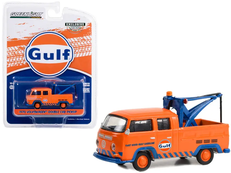 1:64 1970 Vw Double Cab Pickup Tow Truck -- Orange Gulf Oil -- Greenlight 1