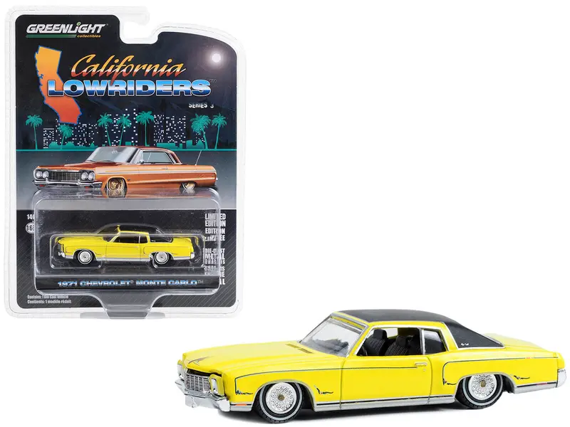 1:64 1971 Chevrolet Monte Carlo -- Sunflower Yellow W/Black Top -- California Lo 1