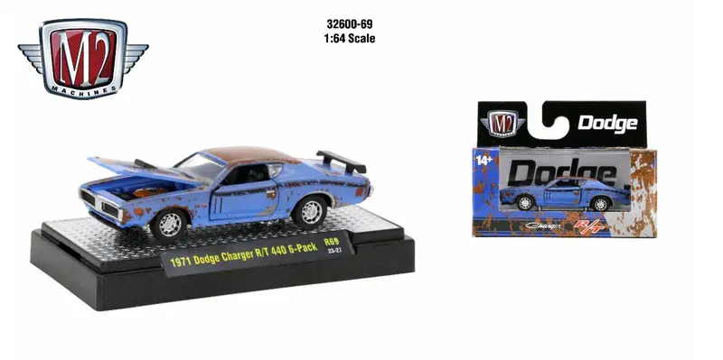 1:64 1971 Dodge Charger R/T 440 6-Pack -- Weathered Blue -- M2 Machines 1