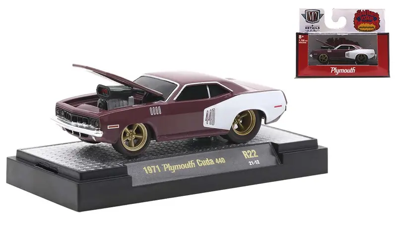 1:64 1971 Plymouth Cuda 440 -- Purple/White -- M2 Machines Ground-Pounders 1
