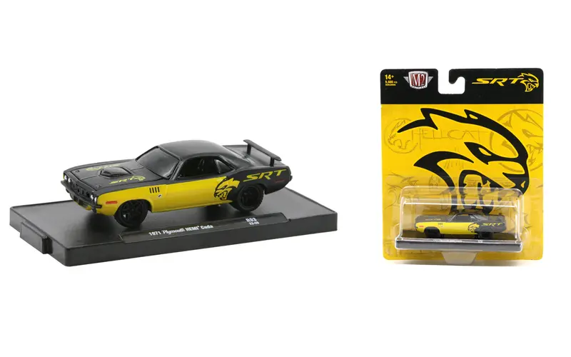 1:64 1971 Plymouth Hemi Cuda -- Black/Yellow -- M2 Machines Auto Drivers 93 1