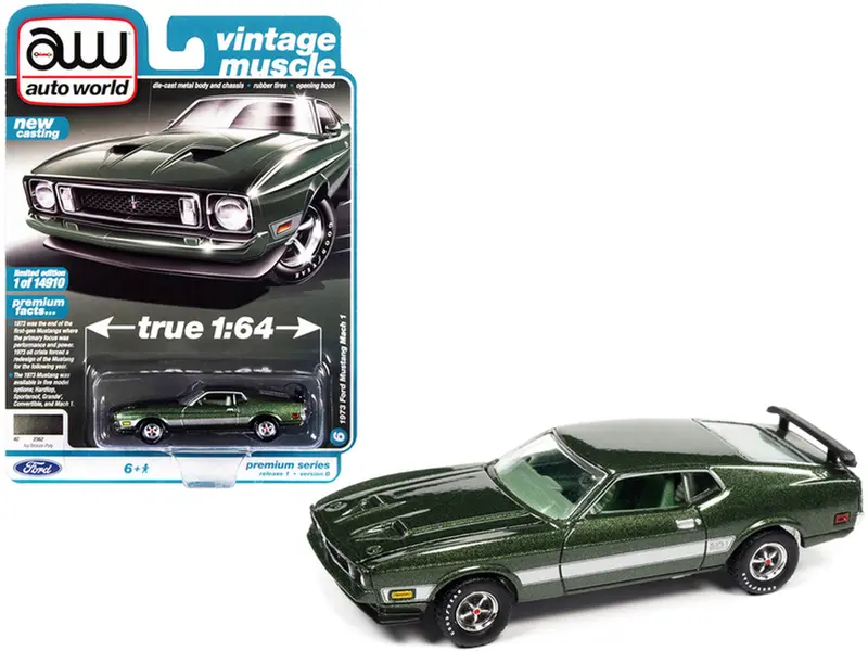 1:64 1973 Ford Mustang Mach 1 --  Ivy Bronze Green Metallic -- Auto World 1