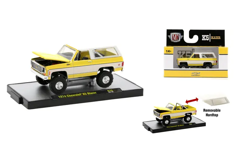 1:64 1974 Chevrolet K5 Blazer -- Yellow/White -- M2 Machines Auto Thentics 75 1