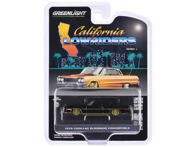 1:64 1976 Cadillac Eldorado Convertible -- Black / Gold -- California Lowriders 1