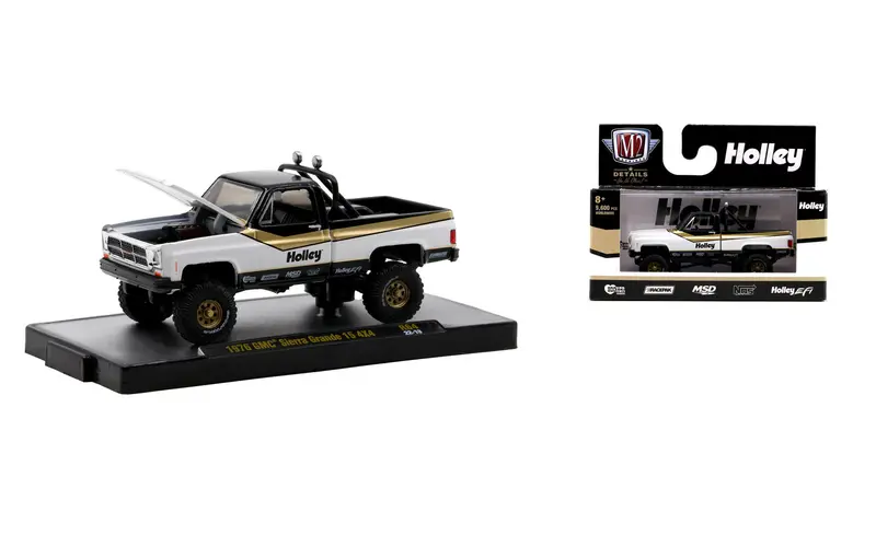1:64 1976 Gmc Sierra Grande 15 4X4 -- Holley Black/White/Gold -- M2 Machines 1