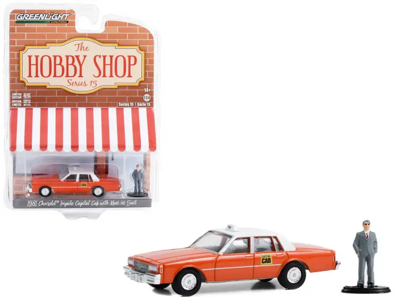 1:64 1981 Chevrolet Impala Capital Cab W/Man In Suit -- Orange/White --  Greenlight 1
