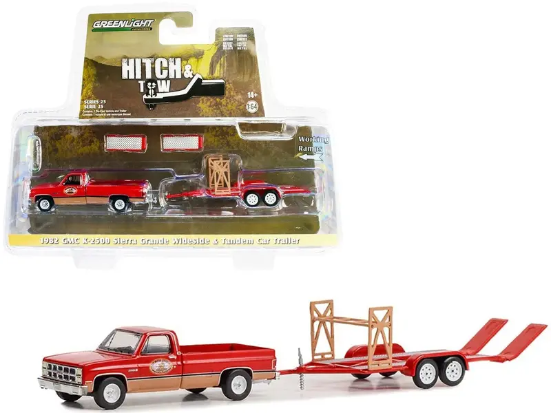 1:64 1982 Gmc K-2500 Sierra Grande W/Tandem Car Trailer -- Red/Brown --  Greenlight 1