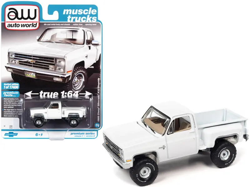 1:64 1986 Chevrolet Silverado K10 Stepside Pickup Truck -- White -- Auto World 1