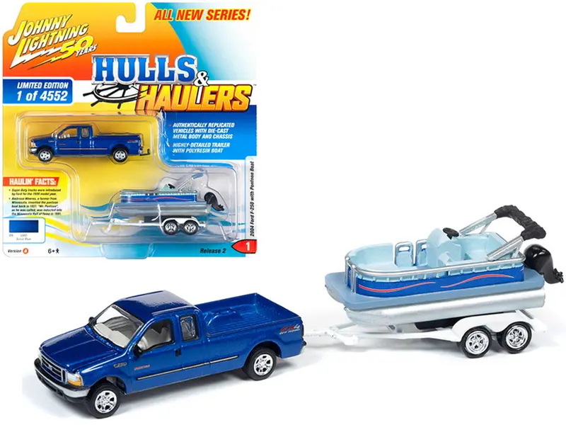 1:64 2004 Ford F-250 Pickup (Blue) W/Pontoon Boat -- Johnny Lightning 1