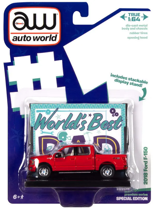 1:64 2018 Ford F-150 Pickup Truck -- Red "Worlds' Best Dad" -- Auto World 1