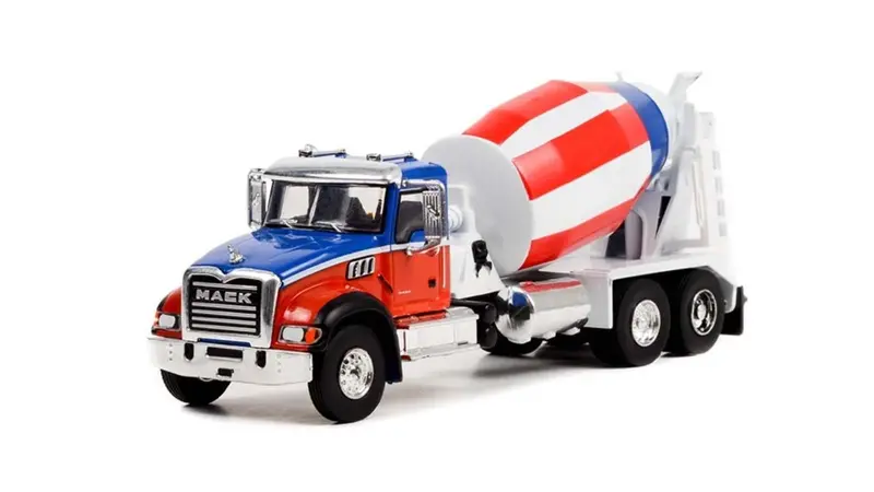 1:64 2019 Mack Granite Cement Mixer -- Red/Blue/White -- Greenlight Truck 1