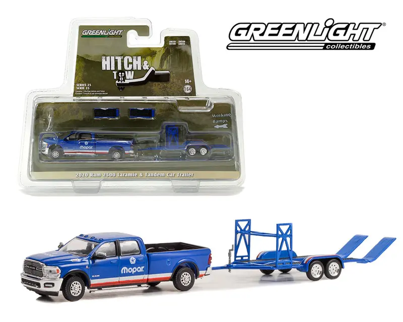 1:64 2020 Ram 2500 Laramie W/Tandem Car Trailer -- Mopar Blue --  Greenlight 1