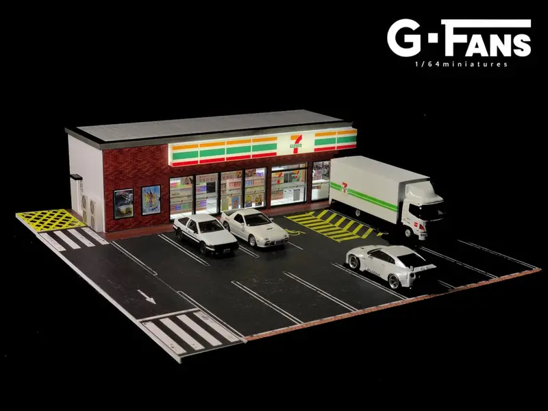 1:64 7-11 (7-Eleven) W/Parking Lot Diorama Display With Leds -- G-Fans 710020 1