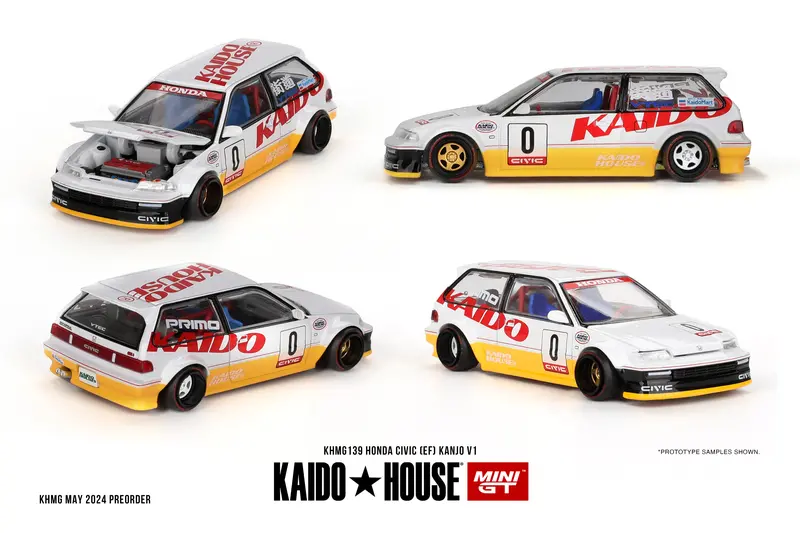 1:64 Honda Civic (Ef) V1 - Kanjo Yellow/White -- Kaido House X Mini Gt Khmg139 1
