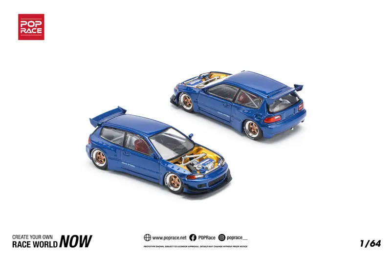 1:64 Honda Civic Eg6 Pandem -- Metallic Blue W/Open Bonnet -- Pop Race 1