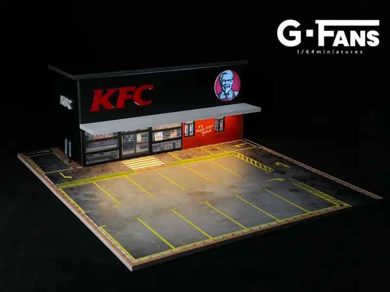 1:64 Kfc Restaurant W/Parking Lot Diorama Display With Leds -- G-Fans 710014 1
