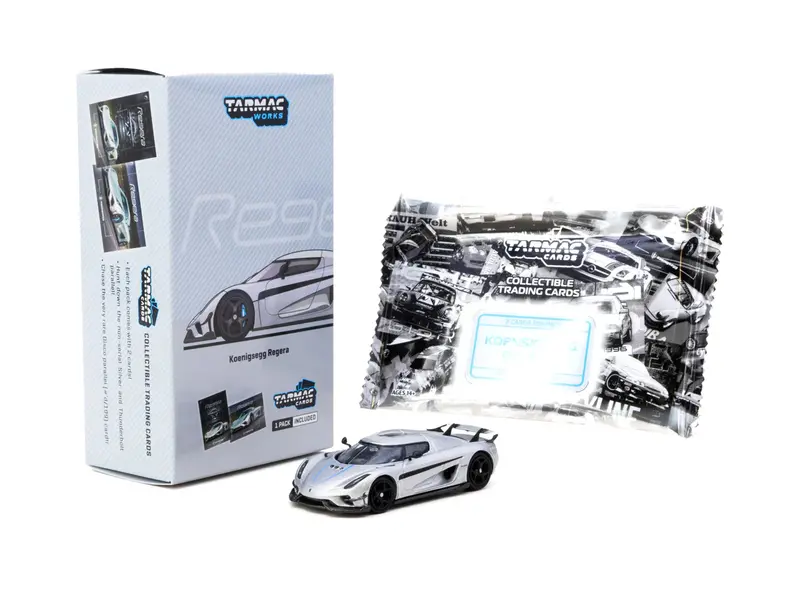 1:64 Koenigsegg Regera -- Silver / Blue Accents -- Tarmac Works X Tarmac Cards 1