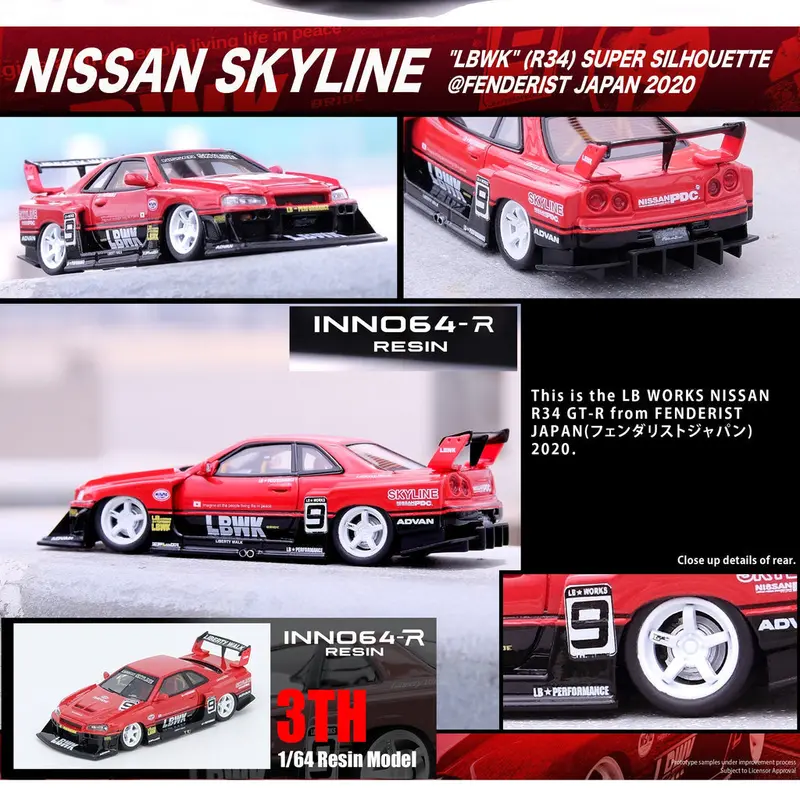 1:64 Lbwk Nissan E-R34 Super Silhouette Skyline Gtr -- #9 Red 2020 -- Inno64 1