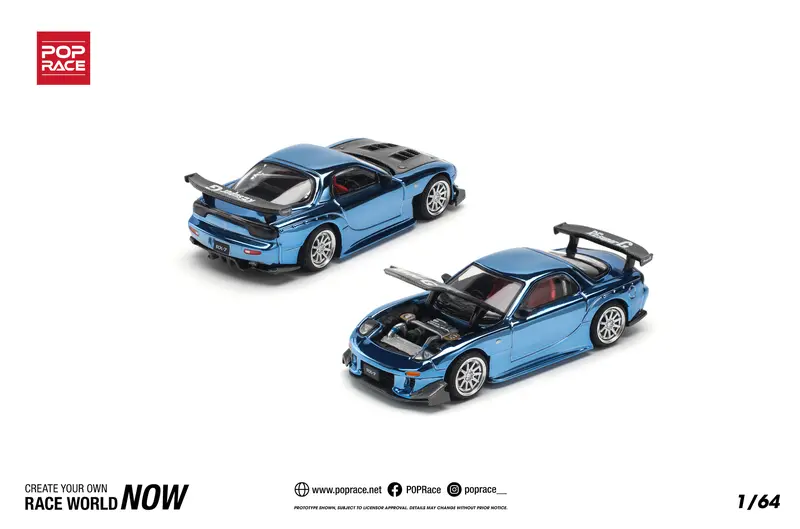 1:64 Mazda Rx-7 (Fd3s) Re-Amemiya Widebody -- Blue Chrome -- Pop Race 1