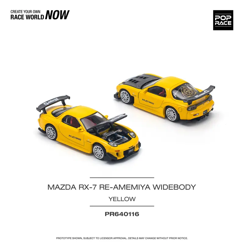 1:64 Mazda Rx-7 (Fd3s) Re-Amemiya Widebody -- Yellow -- Pop Race 1