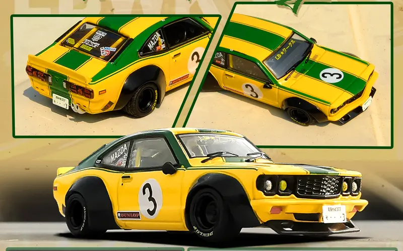 1:64 Mazda Rx3 Savanna Lbwk Liberty Walk -- Yellow/Green -- Inno64 1