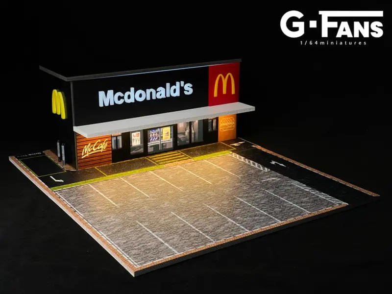 1:64 Mcdonalds Restaurant Parking Lot Diorama Display With Leds -- G-Fans 710013 1
