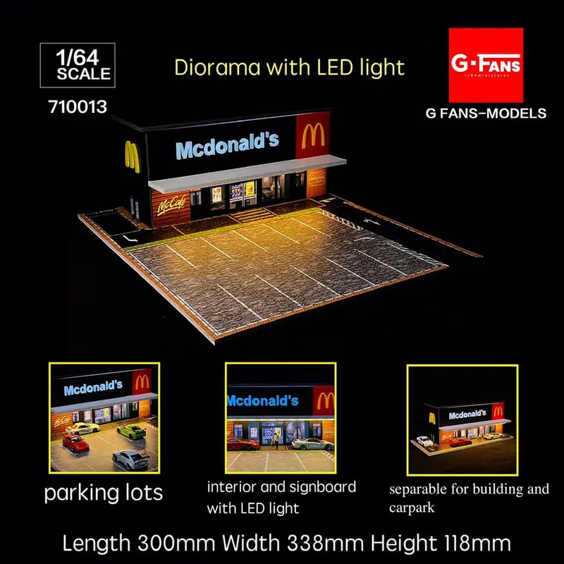 1:64 Mcdonalds Restaurant Parking Lot Diorama Display With Leds -- G-Fans 710013 2