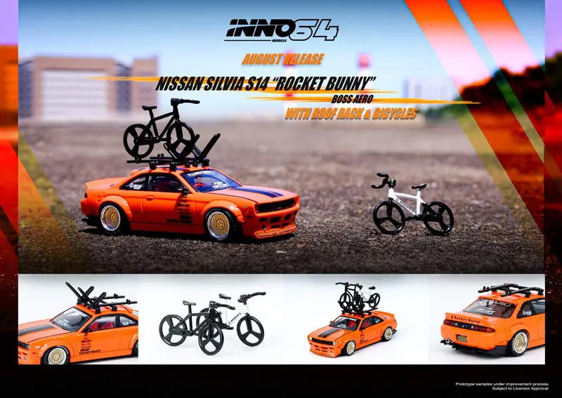 1:64 Nissan Silvia S14 Rocket Bunny Boss Aero W/Roof Rack And Bicycles -- Inno64 1