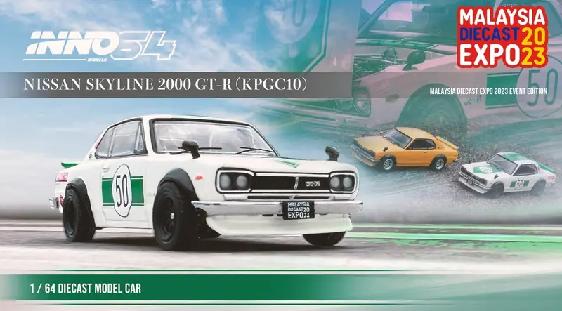 1:64 Nissan Skyline 2000 Gt-R (Kpgc10) - #50 White/Green -- Inno64 Malaysia Expo 1