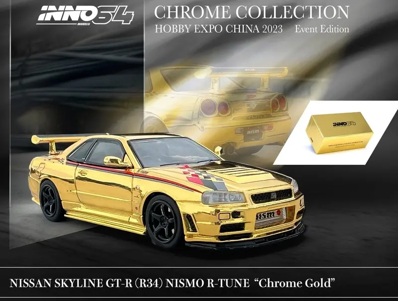 1:64 Nissan Skyline Gt-R (R34) R-Tune -- Chrome Gold -- Inno64 China Expo 2023 1