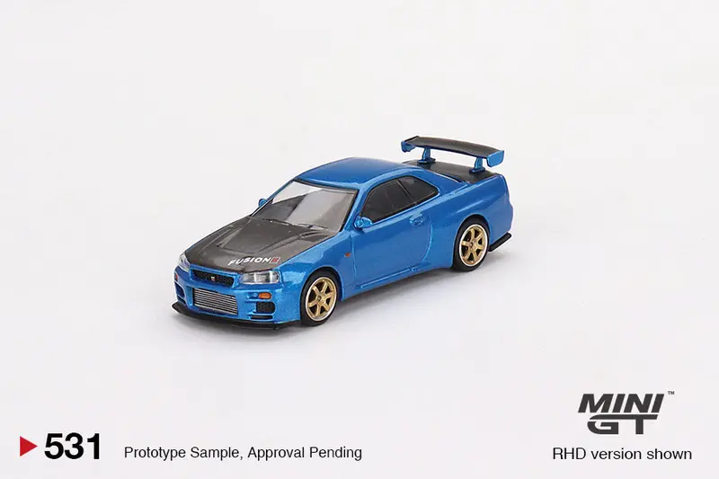 1:64 Nissan Skyline Gt-R (R34) Top Secret - Bayside Blue W/Carbon Hood - Mini Gt 1