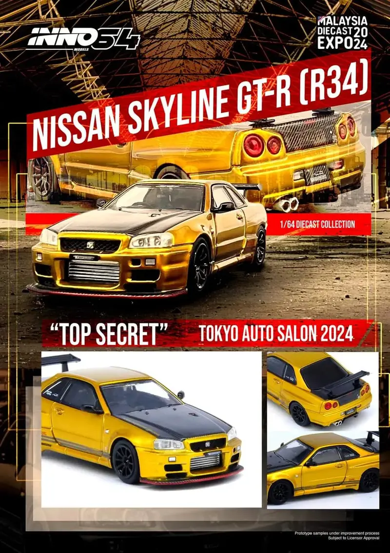 1:64 Nissan Skyline Gt-R (R34) Top Secret -- Tokyo Auto Salon Gold -- Inno64 2
