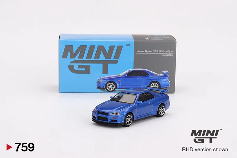 1:64 Nissan Skyline Gt-R (R34) V-Spec -- Bayside Blue -- Mini Gt Mgt00759 1