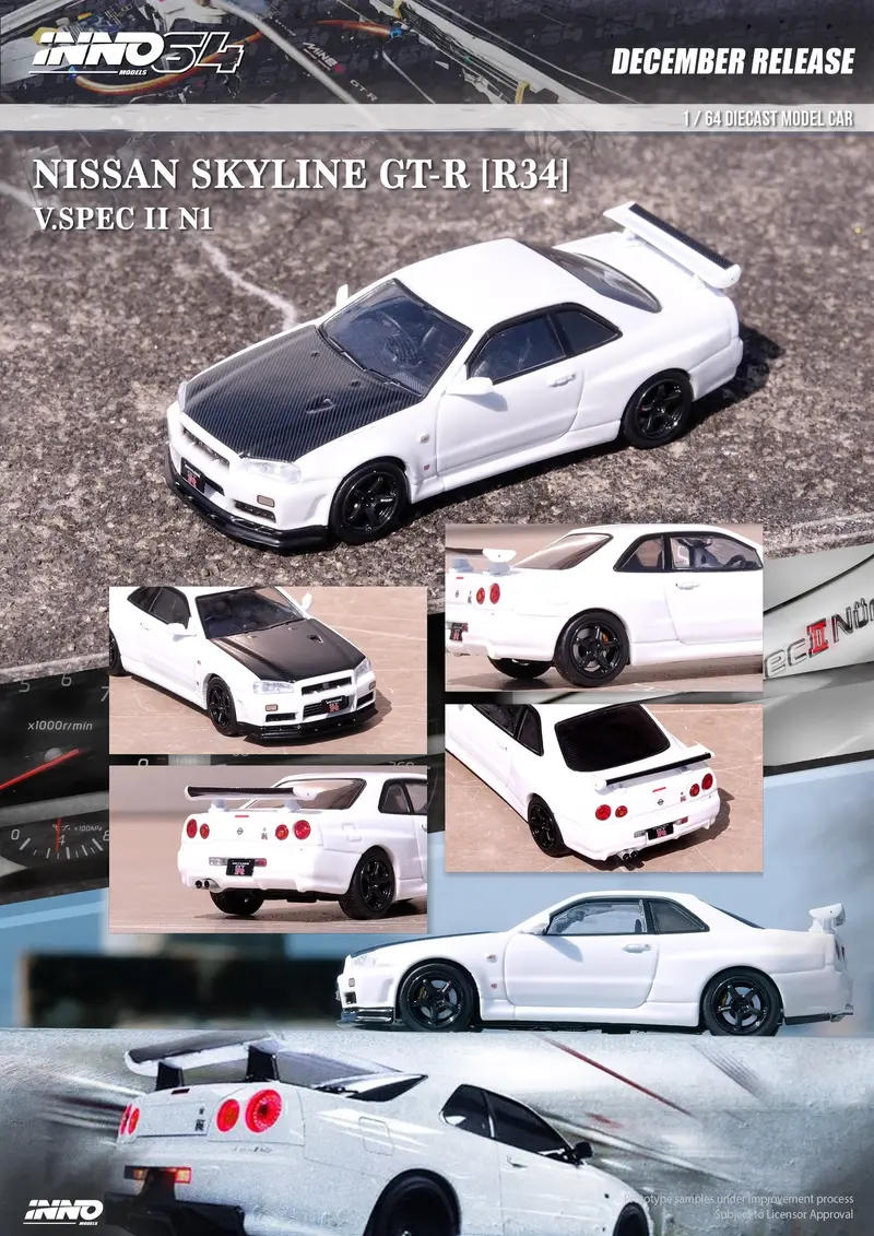 1:64 Nissan Skyline Gt-R (R34) V-Spec Ii N1 -- White W/Carbon Hood -- Inno64 2