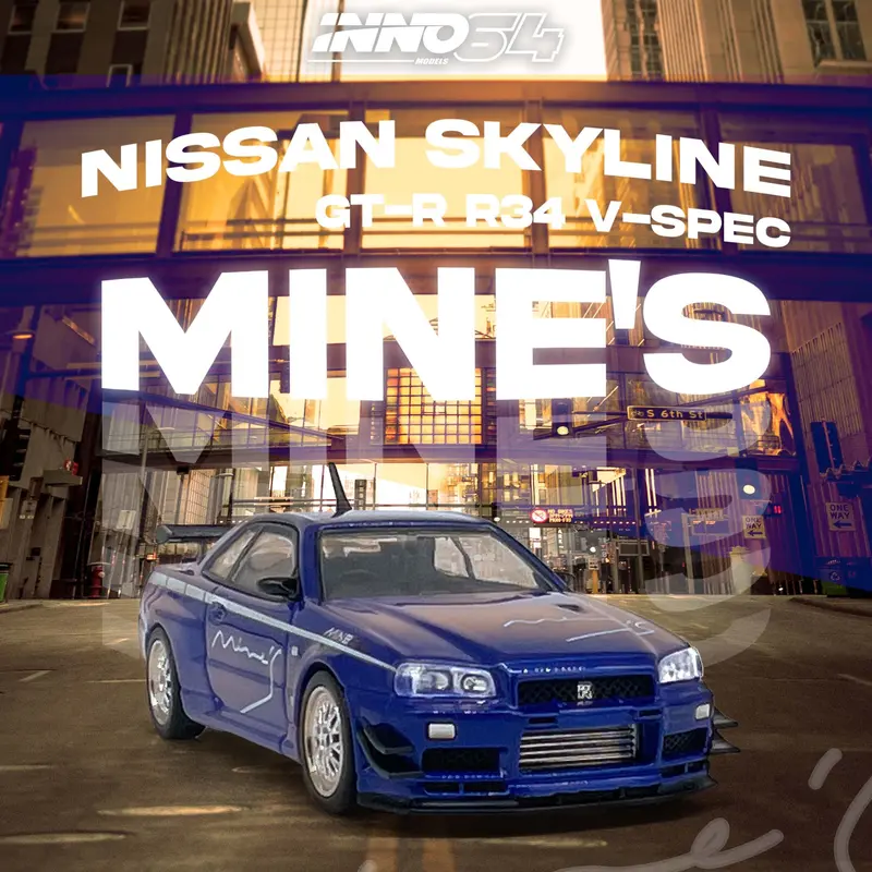 1:64 Nissan Skyline Gt-R (R34) V-Spec -- Tuned By "Mine's" - Blue -- Inno64 1