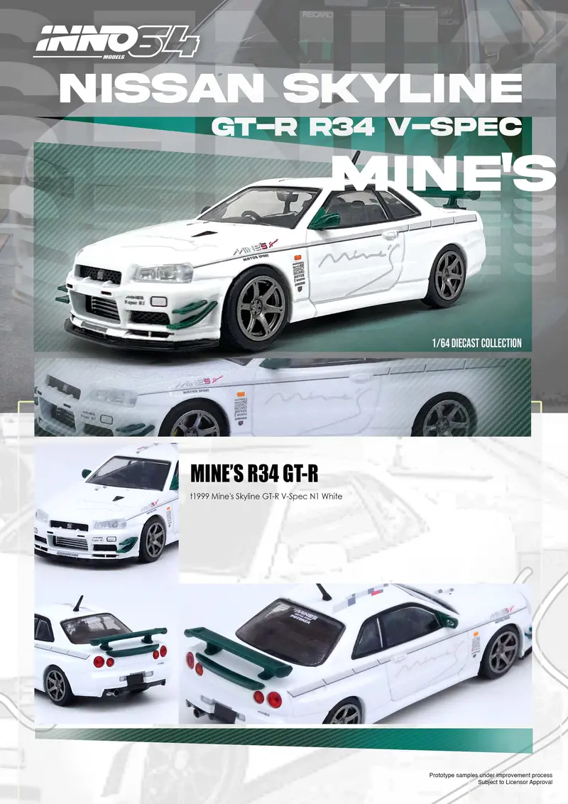 1:64 Nissan Skyline Gt-R (R34) V-Spec -- Tuned By "Mine's" - White -- Inno64 2