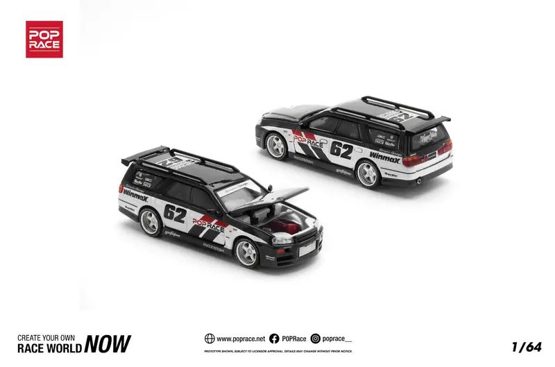 1:64 Nissan Stagea W/R34 Gtr Skyline Front -- #62 Black/White -- Pop Race 1