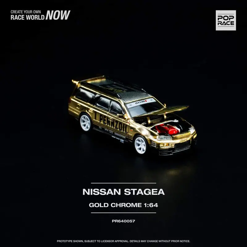 1:64 Nissan Stagea W/R34 Gtr Skyline Front -- Pennzoil Chrome Gold -- Pop Race 1