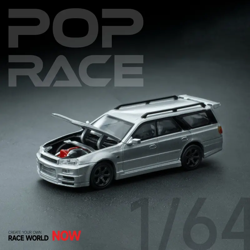 1:64 Nissan Stagea W/R34 Gtr Skyline Front -- Silver -- Pop Race 1