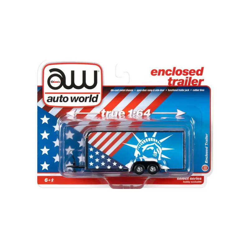 1:64 Patriotic - Red, White And Blue - 4-Wheel Enclosed Car Trailer - Auto World 1