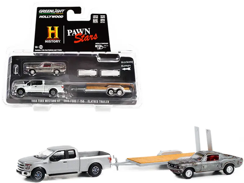1:64 Pawn Stars - 1968 Ford Mustang Gt/2015 Ford F-150/Flatbed Trailer --  Greenlight 1