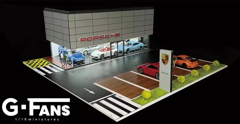 1:64 Porsche Dealership/Service Centre Garage Diorama Display With Leds - G-Fans 1