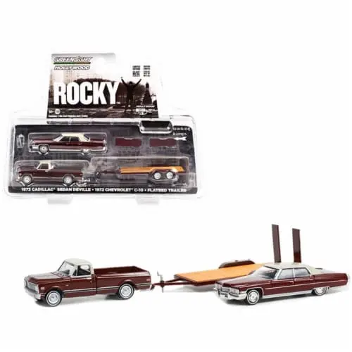 1:64 Rocky - 1973 Cadillac Deville/1972 Chevrolet C-10/Flatbed Trailer --  Greenlight 1