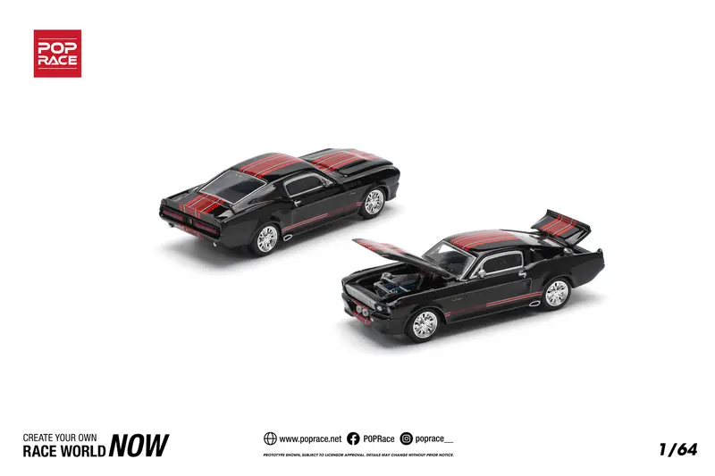 1:64 Shelby Mustang Gt500 -- Dark Chrome Black W/Red Stripes -- Pop Race 1