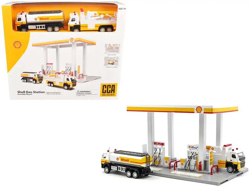 1:64 Shell Gas Station Diorama Set  W/Volvo Oil Tanker & Volvo Tow Truck -- Cca 1